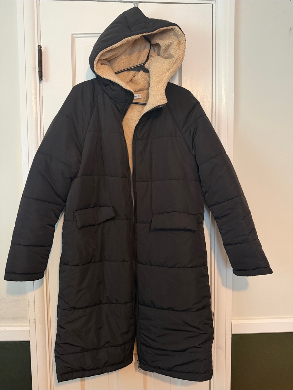 Women's Black Hooded Puffer Coat with Cream Sherpa Lining